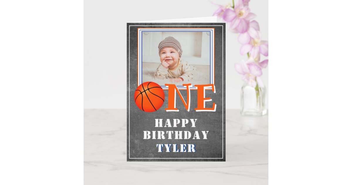 One Chalkboard Basketball Photo 1st Birthday Card | Zazzle
