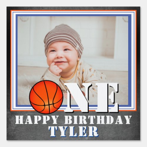 One Chalkboard Basketball Photo Birthday Sign