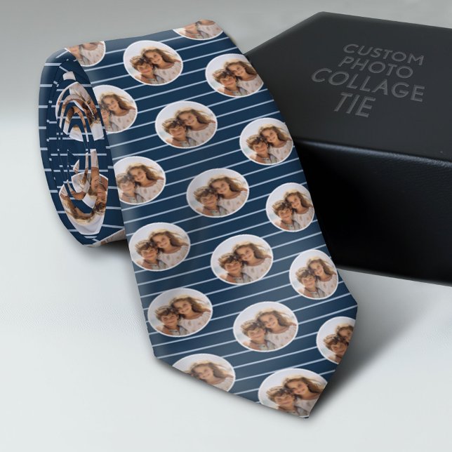 One Circle Photo with Blue Stripes Neck Tie (Photo Collage Neck Tie - Add Your Favorite Photos)