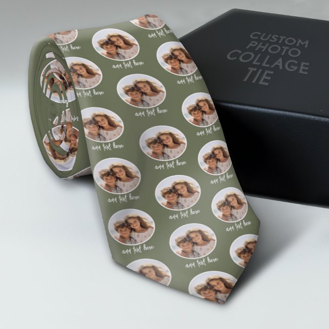 One Circle Photo with text - grey green Neck Tie (Photo Collage Neck Tie - Add Your Favorite Photos)