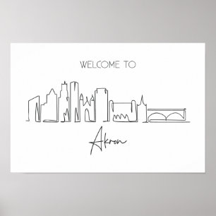 One Continuous Line Drawing Of Akron Skyline  Poster