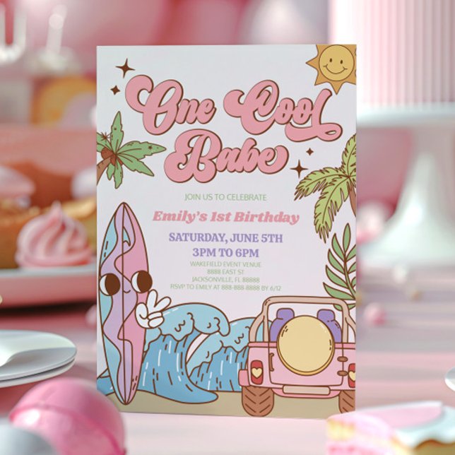 One Cool Babe Beach Surf Retro 1st Birthday Party Invitation (Creator Uploaded)