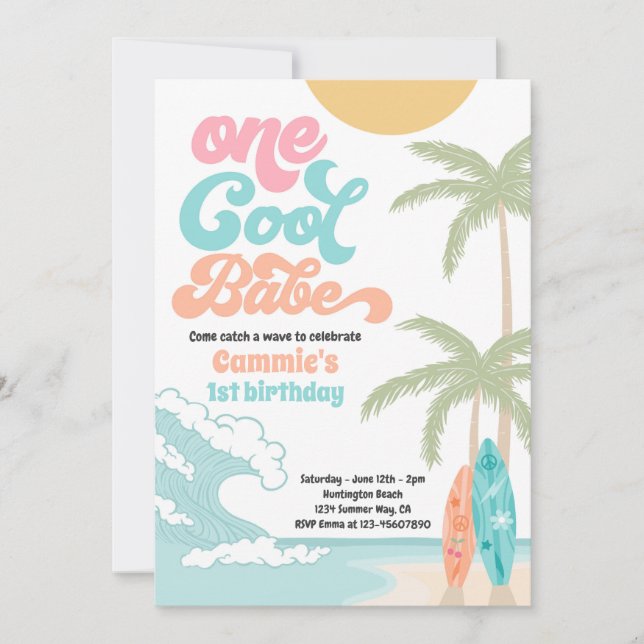 One Cool Babe Retro Surf 1st Birthday Party Invitation (Front)