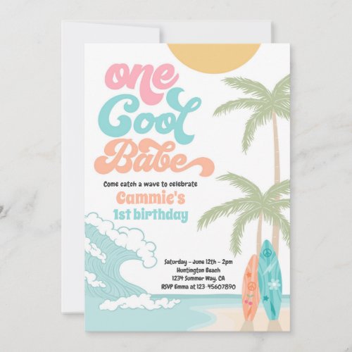 One Cool Babe Retro Surf 1st Birthday Party Invitation