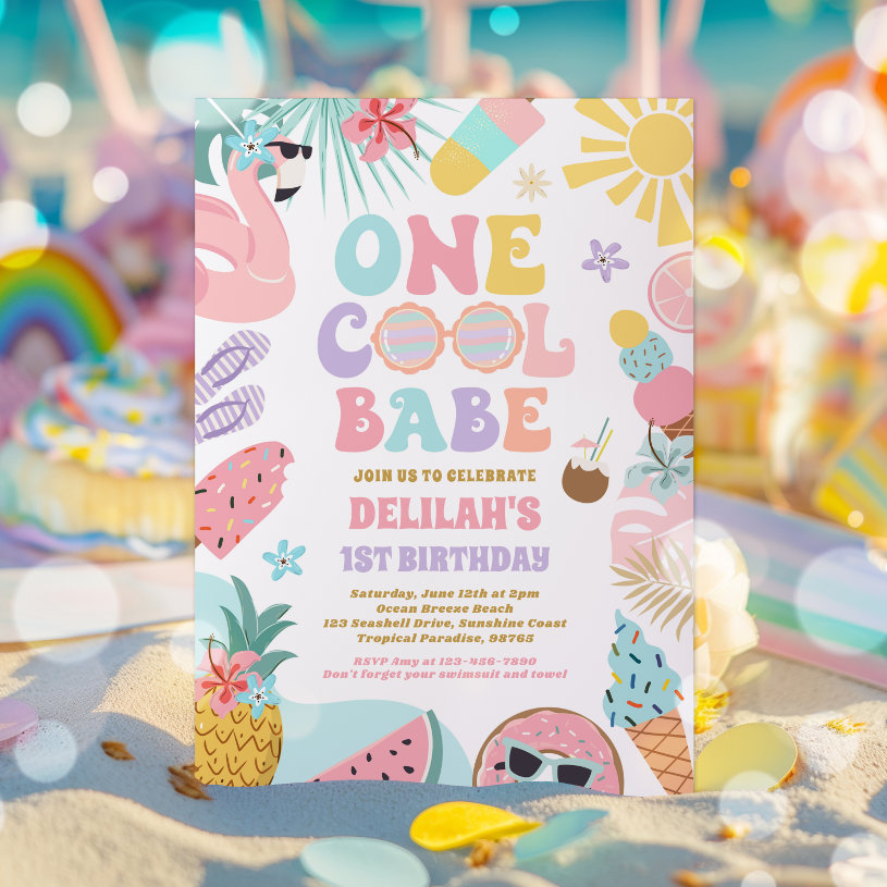 One Cool Babe Tropical Summer 1st Birthday Party                    Invitation