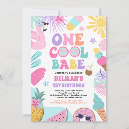 One Cool Babe Tropical Summer 1st Birthday Party Invitation