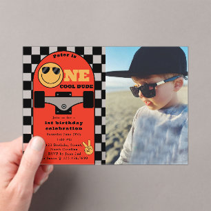 One Cool Dude 1st First Birthday Skateboard Photo Acrylic Invitations