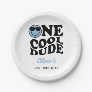One Cool Dude Blue Retro Happy Face 1st Birthday Paper Plates
