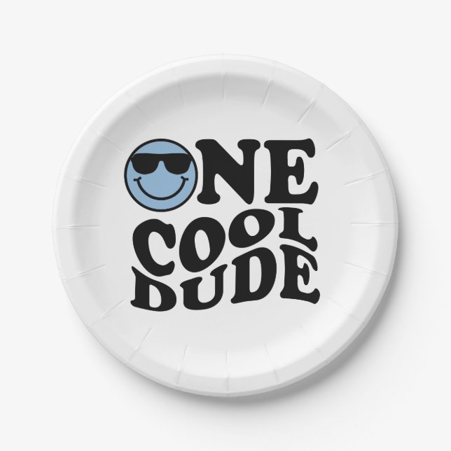 One Cool Dude | Blue Retro Preppy Smile Birthday  Paper Plates (Front)