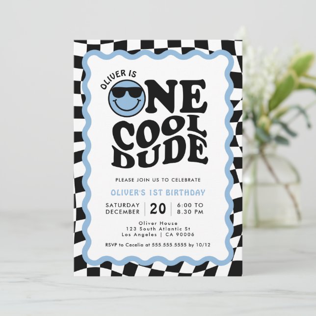 One Cool Dude Blue Smile Face Boy 1st Birthday Invitation (Standing Front)