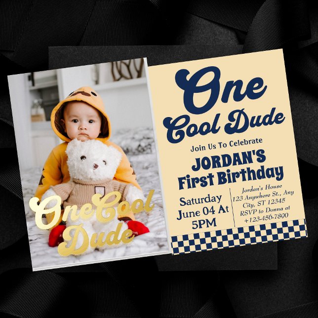 One Cool Dude Boy 1st Birthday Photo Gold  Foil Invitation (Creator Uploaded)