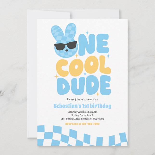 One Cool Dude Boy Spring Bunny 1st Birthday Party Invitation (Front)