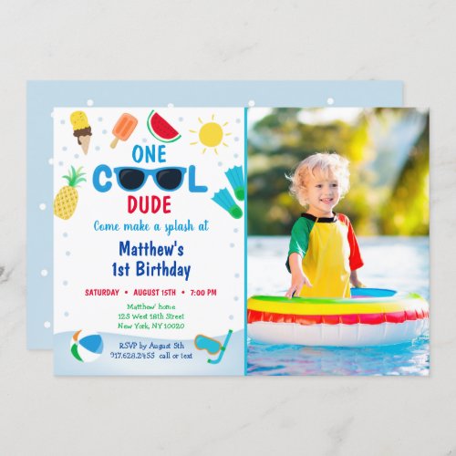  One Cool Dude Boys Pool Party Birthday Invitation