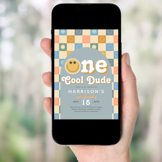 One Cool Dude Boys Retro 1st Birthday Invitation (Front Digital)
