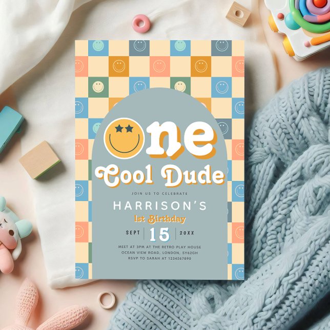 One Cool Dude Boys Retro 1st Birthday Invitation (Creator Uploaded)