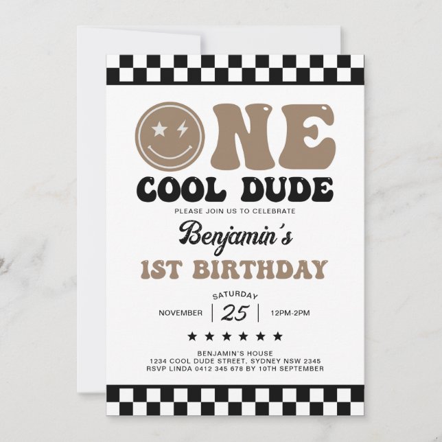 One Cool Dude Happy Face Boy 1st Birthday Party Invitation (Front)