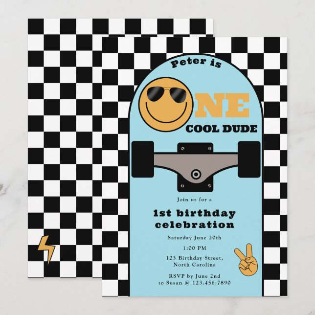 One Cool Dude Invite 1st First Birthday Skateboard (Front/Back)