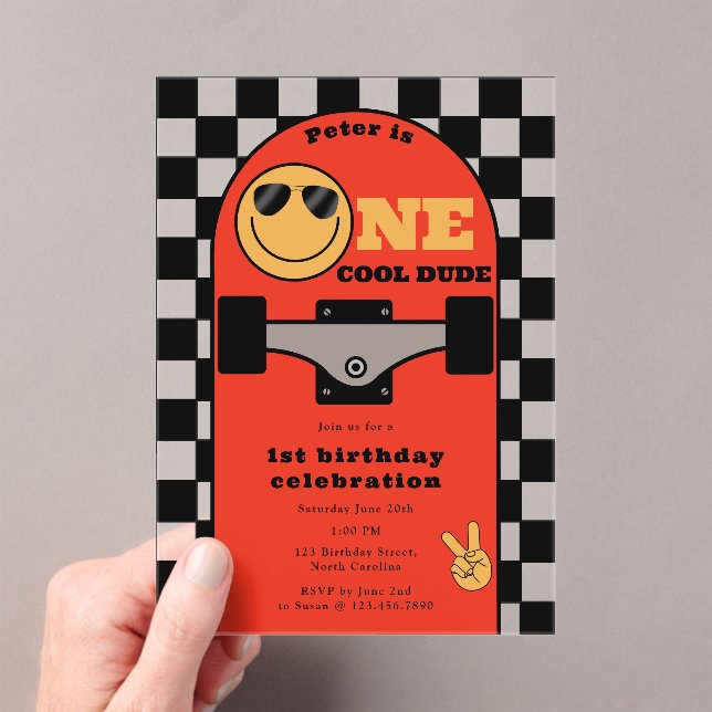 One Cool Dude Invite 1st First Birthday Skateboard Acrylic Invitations (Insitu (Handheld))