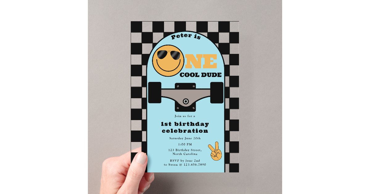 Invited Cool One Cool Dude Invite 1st First Birthday Skateboard Acrylic Invitations ...