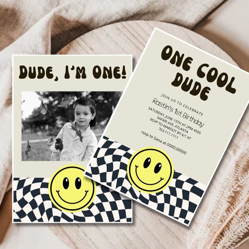 One Cool Dude Retro Boys first Birthday  Invitation