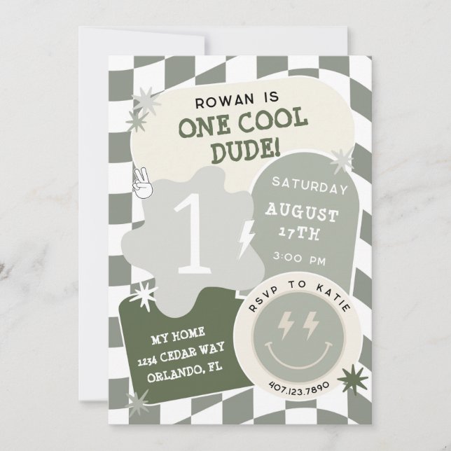 One Cool Dude Retro Checkerboard 1st Birthday  Invitation (Front)