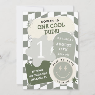 One Cool Dude Retro Checkerboard 1st Birthday  Invitation