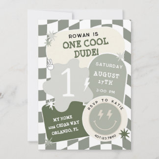 One Cool Dude Retro Checkerboard 1st Birthday Invitation