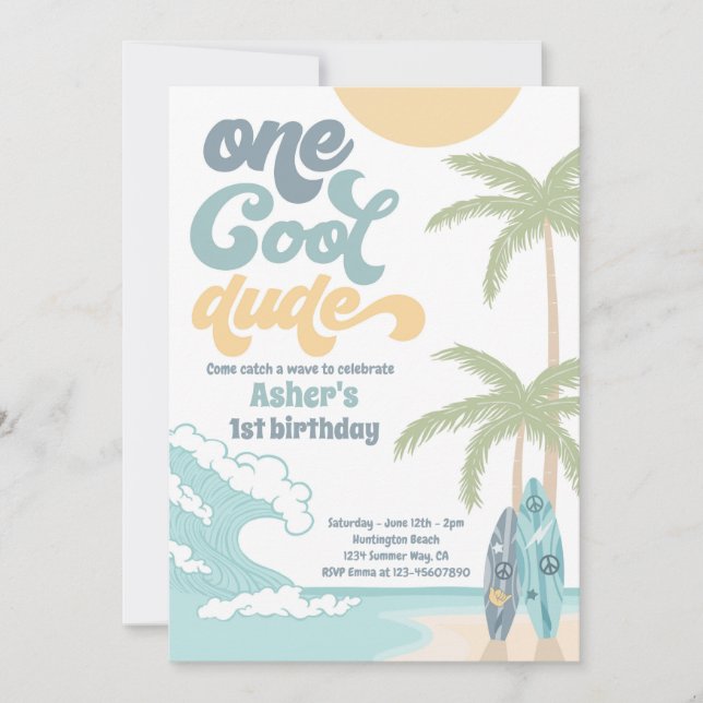 One Cool Dude Retro Surf 1st Birthday Party Invitation (Front)