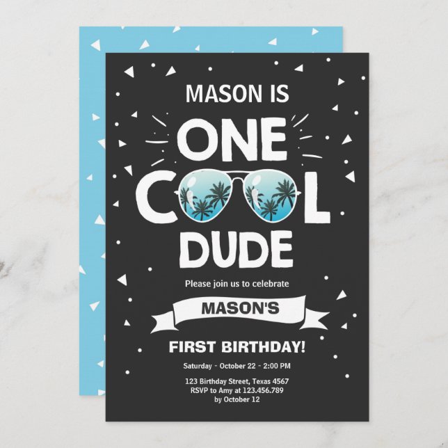 One Cool Dude Sunglasses Boy First Birthday Invitation (Front/Back)
