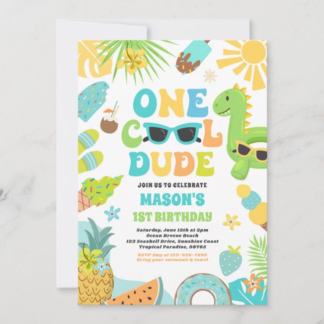 One Cool Dude Tropical Summer 1st Birthday Party Invitation (Front)