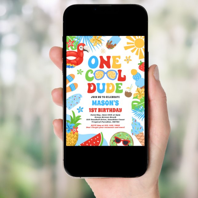 One Cool Dude Tropical Summer 1st Birthday Party Invitation (Front Digital)