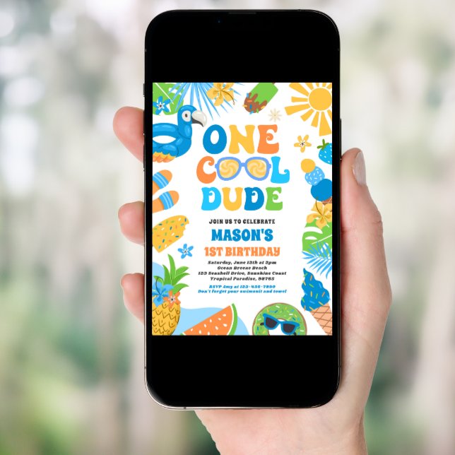 One Cool Dude Tropical Summer 1st Birthday Party Invitation (Front Digital)