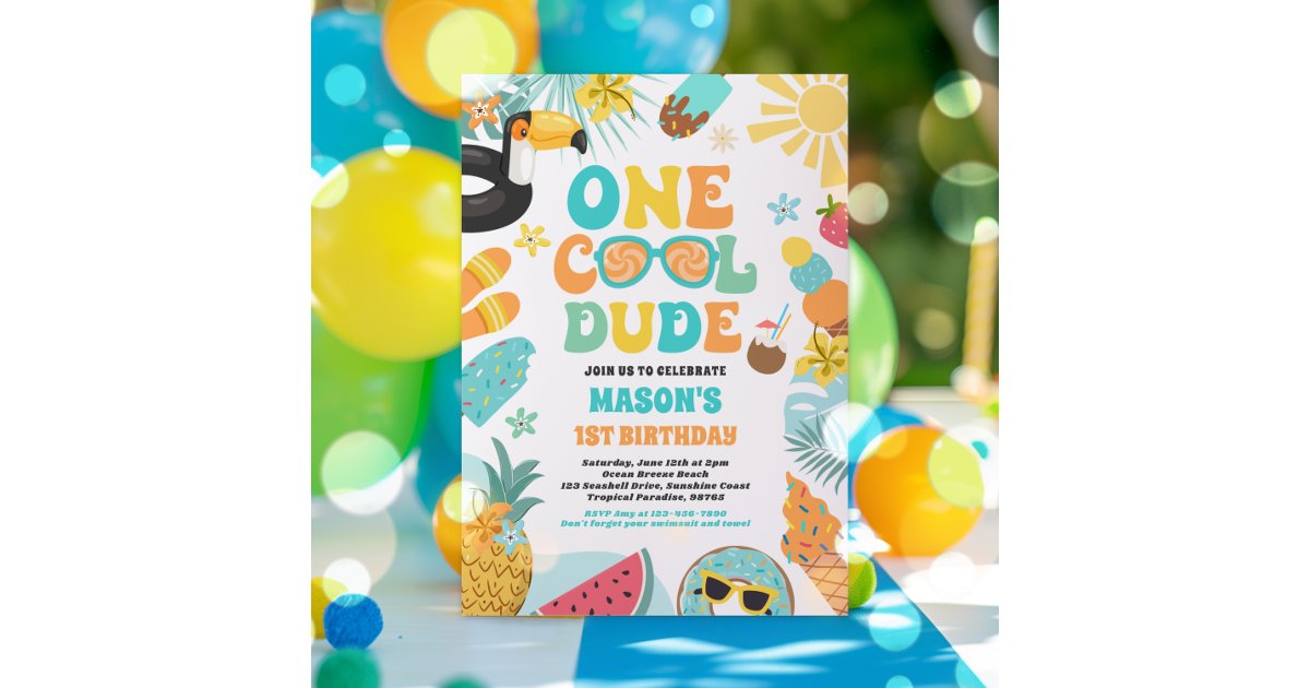 One Cool Dude Tropical Summer 1st Birthday Party Invitation