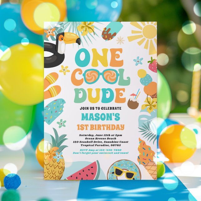 One Cool Dude Tropical Summer 1st Birthday Party Invitation (Creator Uploaded)