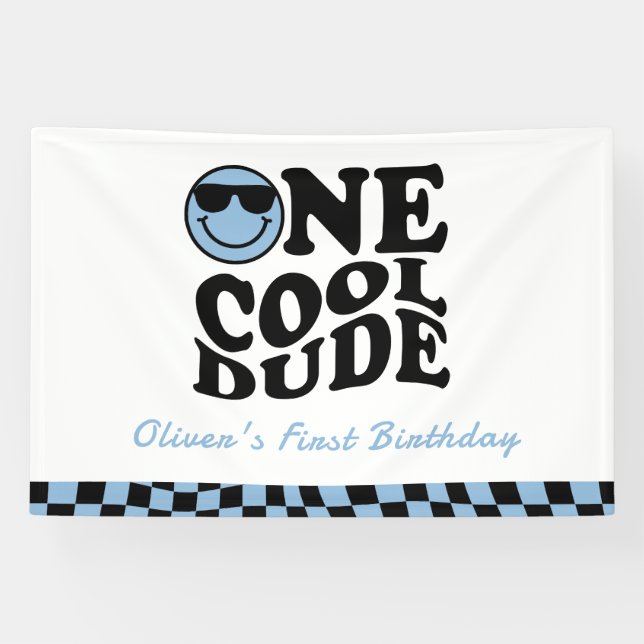One Cool Dude Wavy Blue Smile Face 1st Birthday  Banner (Horizontal)