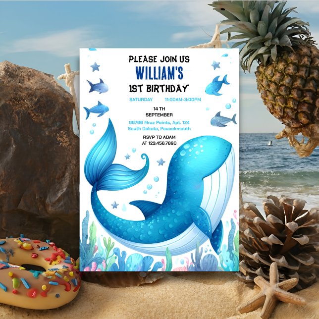 one cool fish sea blue whale shark 1st Birthday Invitation (Creator Uploaded)