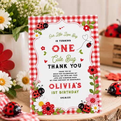 One Cute Bug Floral Ladybug 1st Birthday party Thank You Card