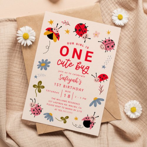 ONE Cute Bug Ladybug 1st Birthday Party  Invitation