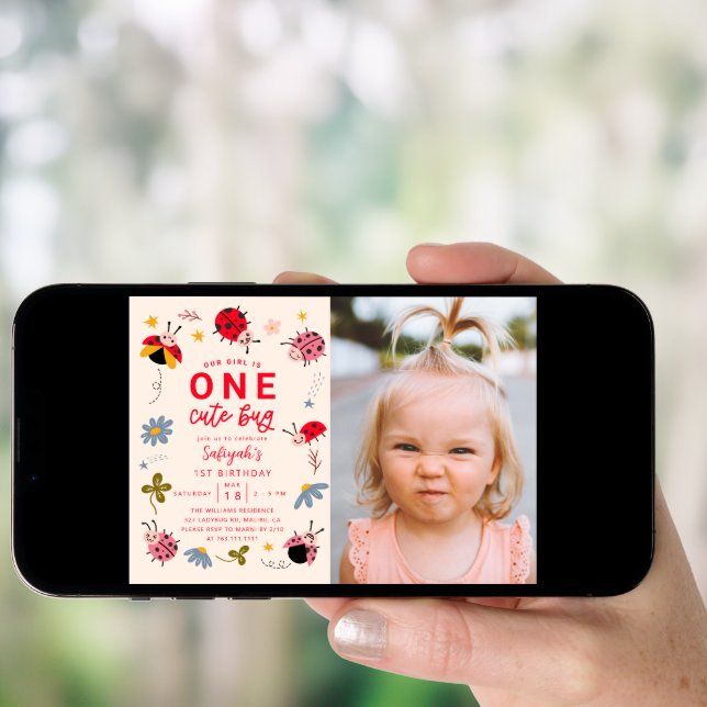 ONE Cute Bug Ladybug 1st Birthday Party Photo Invitation (Front Digital)