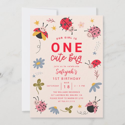 One Cute Bug Ladybug Girl 1st Birthday Invitation
