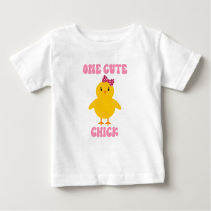 One Cute Chick Easter Bird Pink Polka Dot Bow Baby T-Shirt