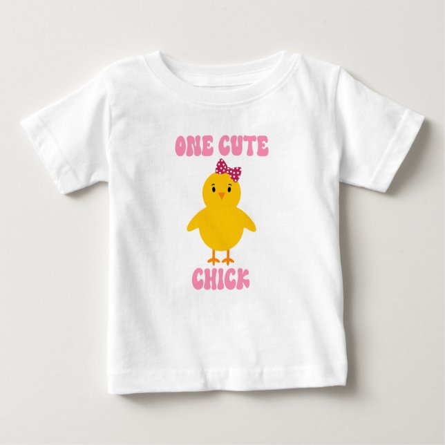 One Cute Chick Easter Bird Pink Polka Dot Bow Baby T-Shirt (Front)