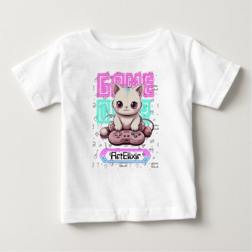 One Cute Kawaii Gamer Cat game over Print Baby T_Shirt