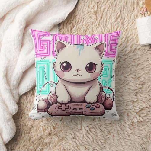 One Cute Kawaii Gamer Cat game over Throw Pillow