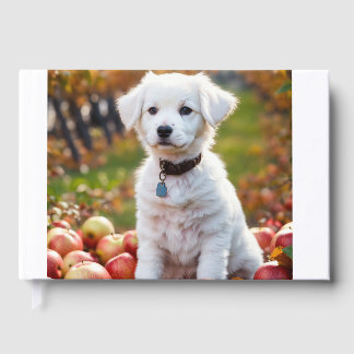 One cute little white puppy is sittin foil guest book 