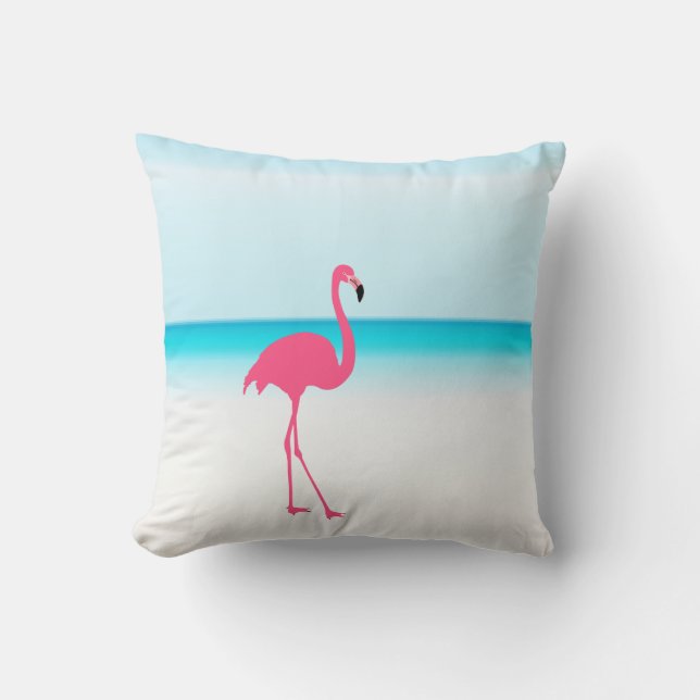 One cute pink flamingo on the beach throw pillow (Front)