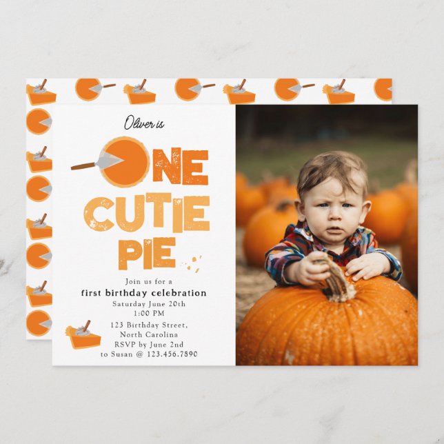 One Cutie Pie Invite 1st First Birthday Cute Photo (Front/Back)