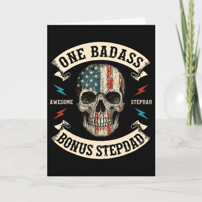 One D Bonus Stepdad Step Dad Skull Usa Flag Father Card (Front)
