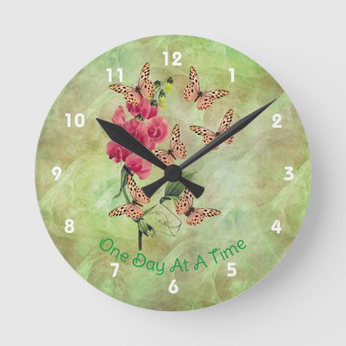 One Day At A Time Butterflies Sweet Pea Flower   Round Clock
