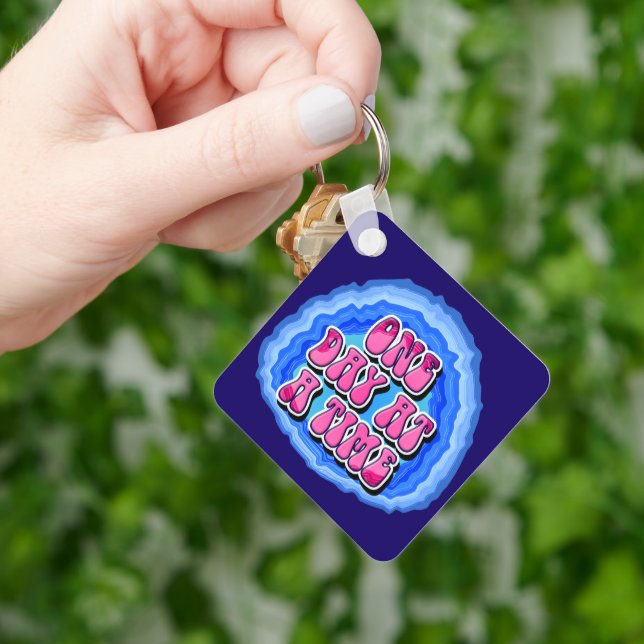 One Day At A Time Geode Slogan w/ AA Prayer CUSTOM Keychain (Hand)